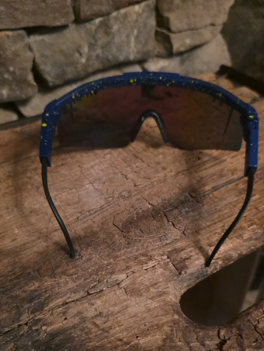 Pit Viper Blue Mirrored Shield Sunglasses with Yellow Splatter